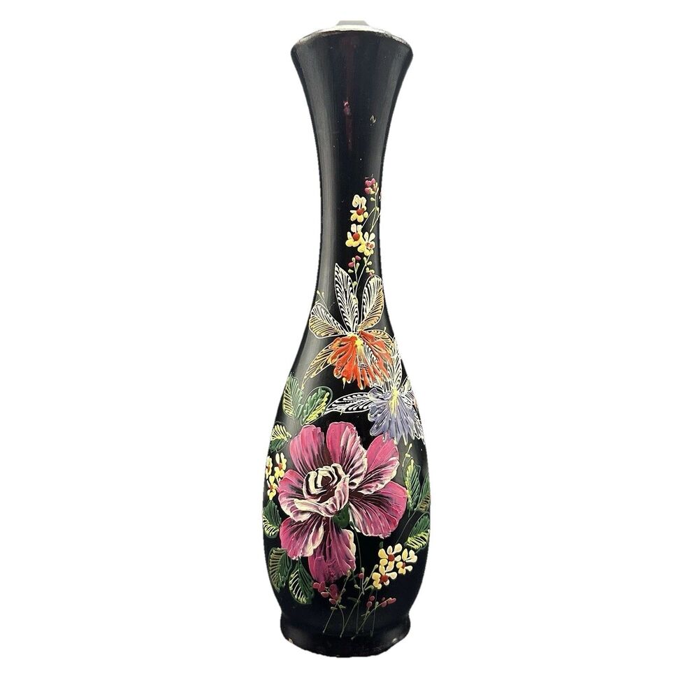 Vintage Raised Lacquer Wood Vase Hand Painted Relief Peony Chinoiserie Black 10”